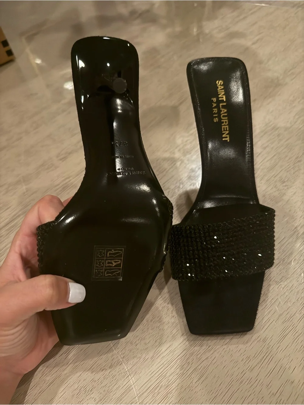 Saint Laurent Black Glitter Crystal-Embellished Slide Heels size 37.5 - Picture 5 of 8